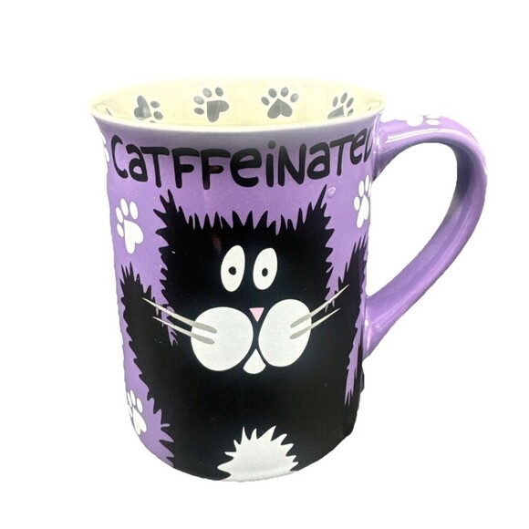 CATFFEINATED & DECATF Purple White Paw Print Ceramic CAT Coffee Tea Mug Cup 16oz - Picture 1 of 5